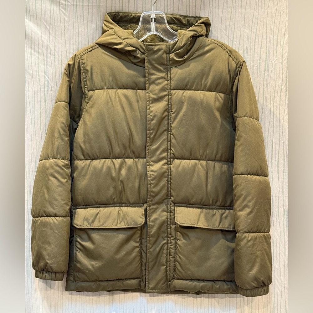 Old Navy Youth Olive Khaki hooded Puffer Jacket youth L 10-12